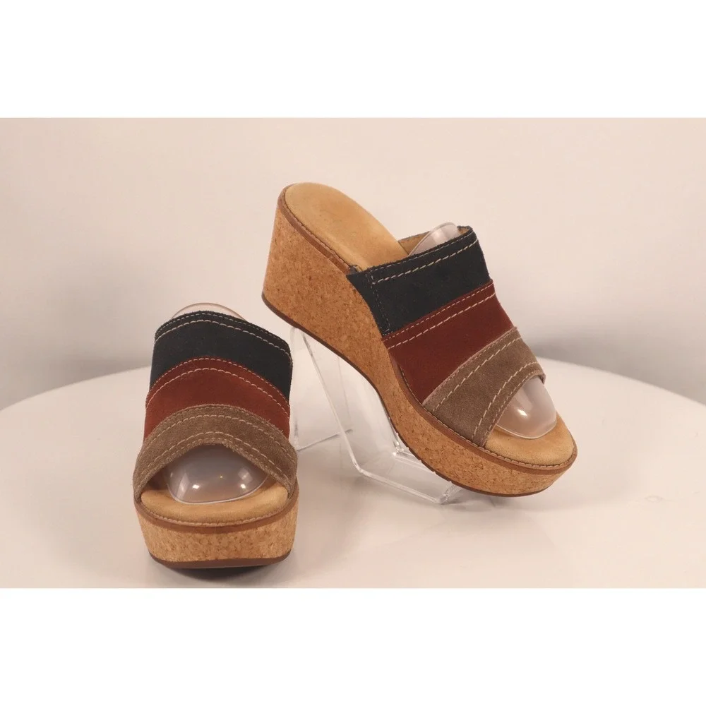 Clarks Artisan Ainsley Lily Multi Color Suede Cork Wedge Sandal Shoes Womens 8M
